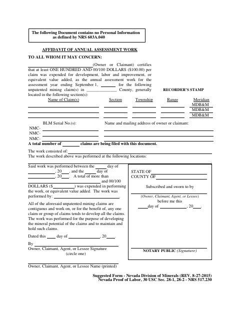 Affidavit of Annual Assessment Work, Humboldt County form, first page