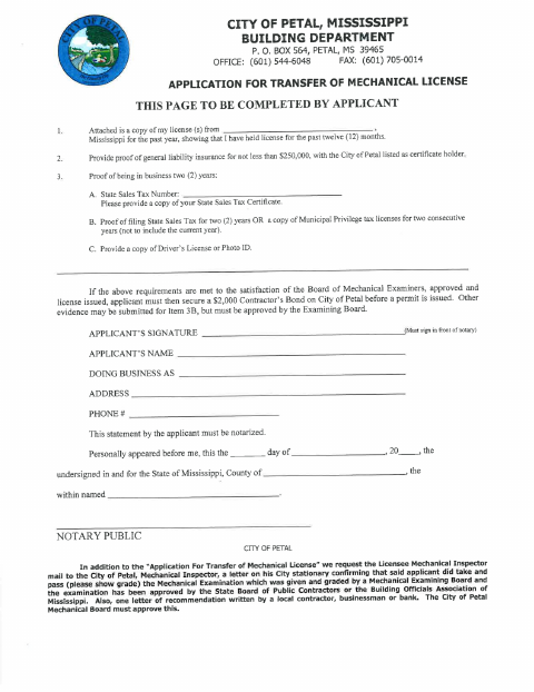 First page of the Application for Transfer of Mechanical License