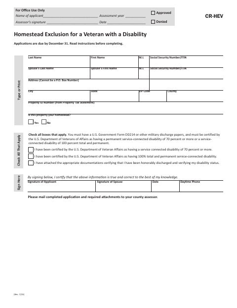 First page of the Homestead Exclusion for a Veteran with a Disability