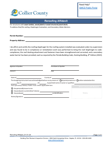 Reroofing Affidavit — Collier County form, first page