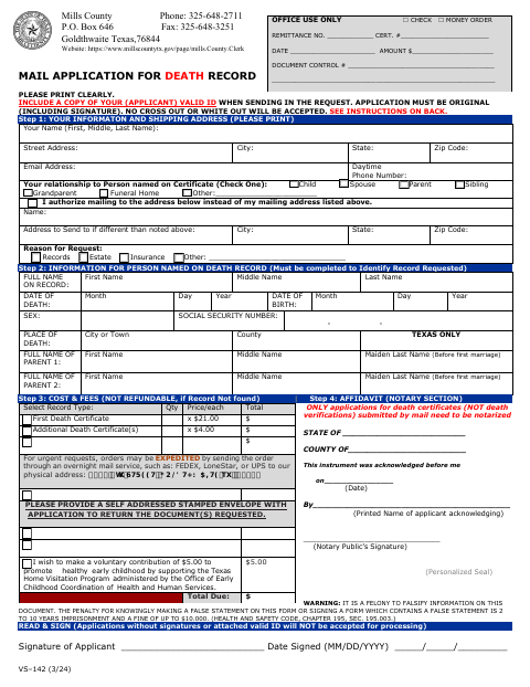 Death Record Application, Mills County form, first page