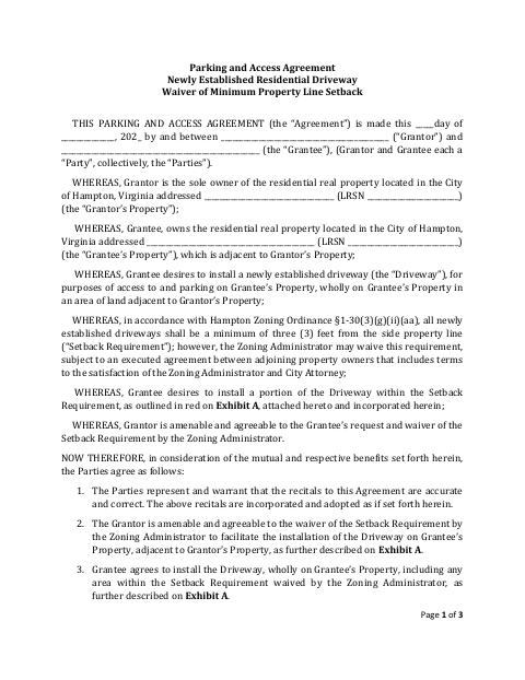 Parking and Access Agreement for Residential Driveway Setback Waiver, City of Hampton form, first page