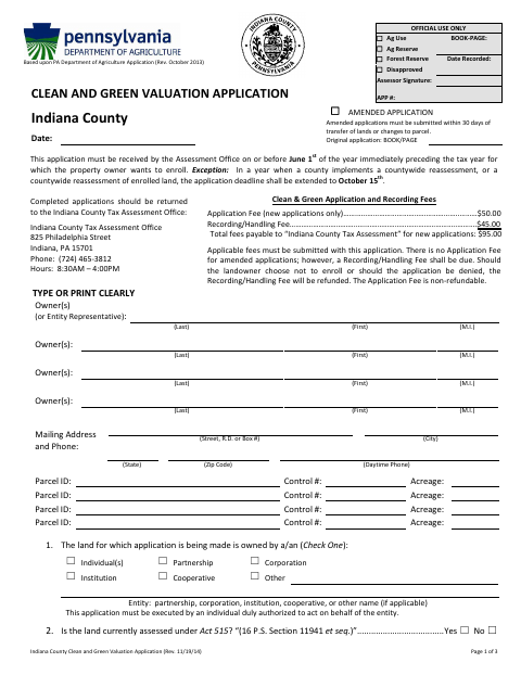 Clean and Green Valuation Application, Indiana County form, first page