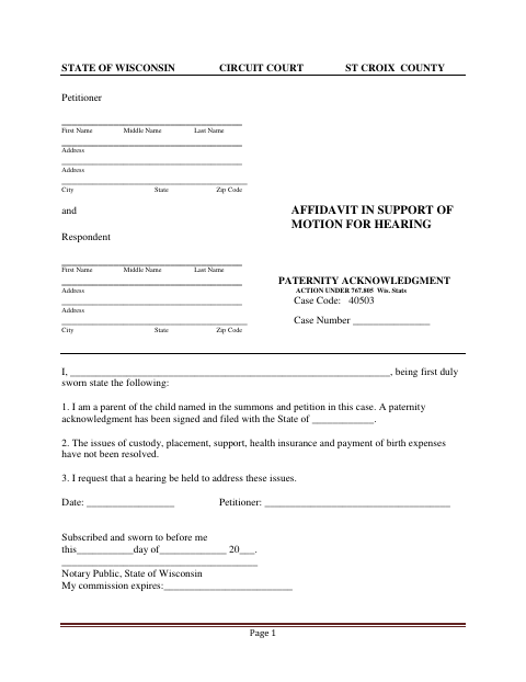 Affidavit in Support of Motion for Hearing, St. Croix County form, first page