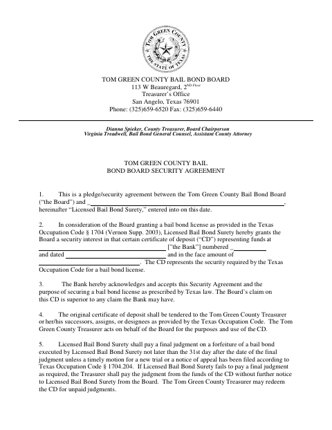 Security Agreement, Tom Green County form, first page