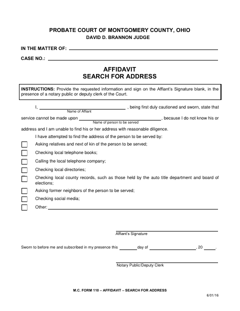 Affidavit Search for Address, Montgomery County form, first page