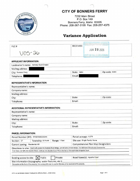 First page of the Variance Application