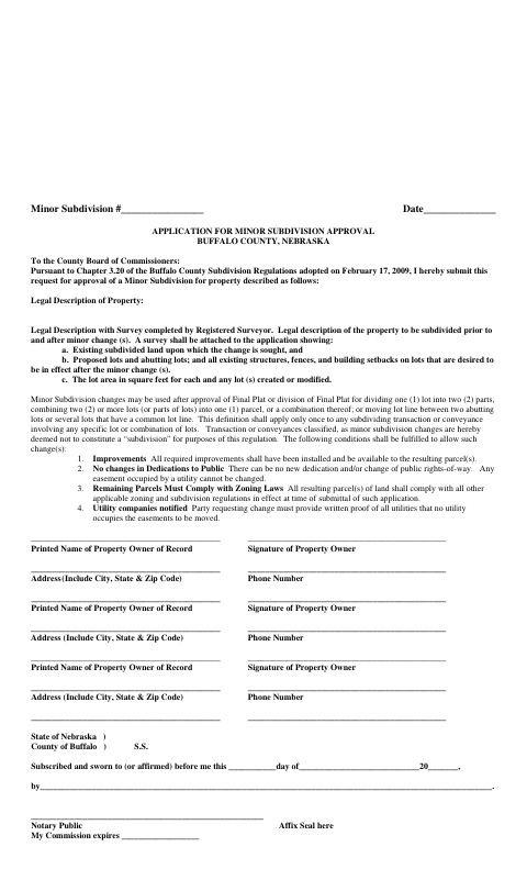 Application for Minor Subdivision Approval, Buffalo County form, first page