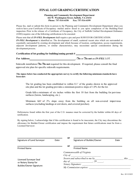 Final Lot Grading Certification, City of Suffolk form, first page