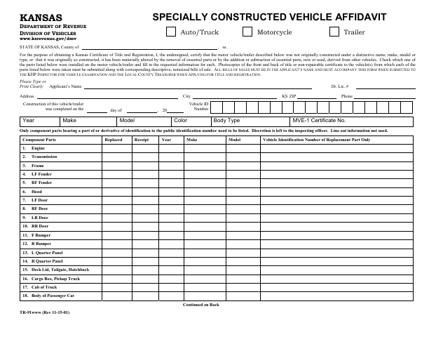 TR-91 Specially Constructed Vehicle Affidavit first page