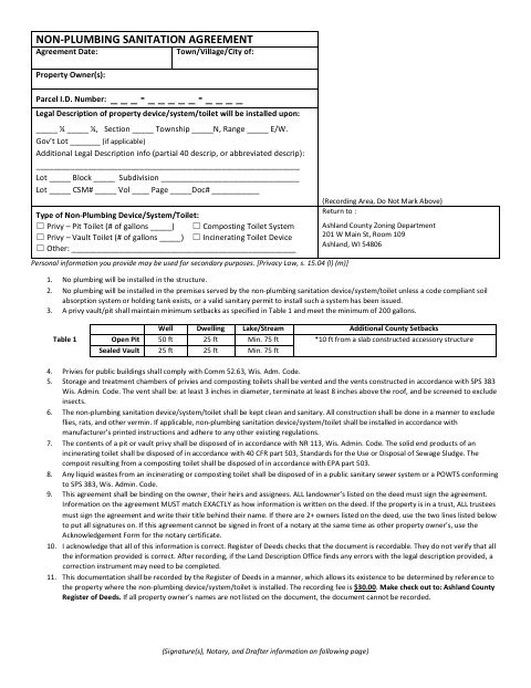 Non-Plumbing Sanitation Agreement, Ashland County form, first page