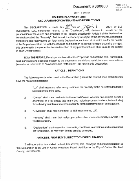 First page of the Subdivision Covenants And Restrictions Declaration