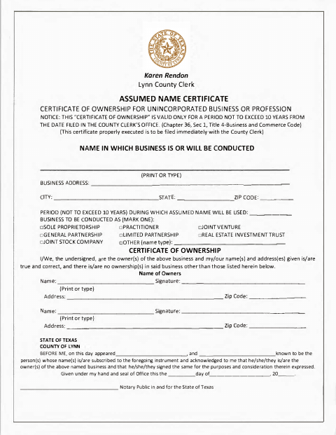 Assumed Name Certificate, Lynn County form, first page