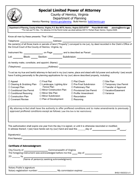 Special Limited Power of Attorney, Henrico County form, first page