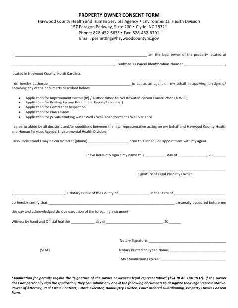 Property Owner Consent Form, Haywood County form, first page