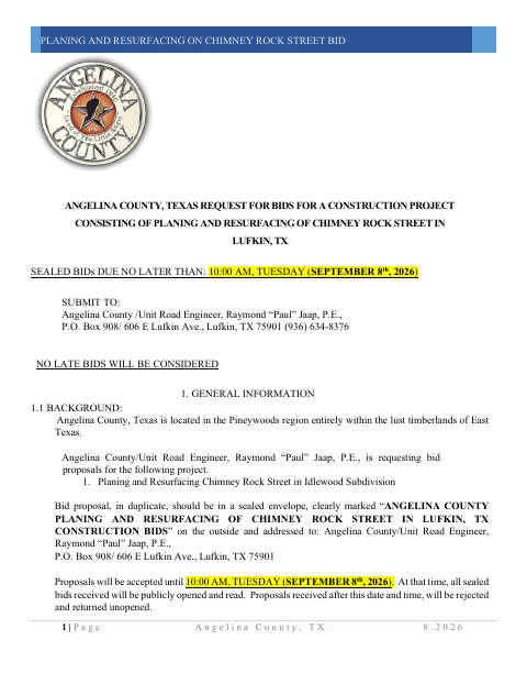 First page of the Chimney Rock Street Planing and Resurfacing Bid