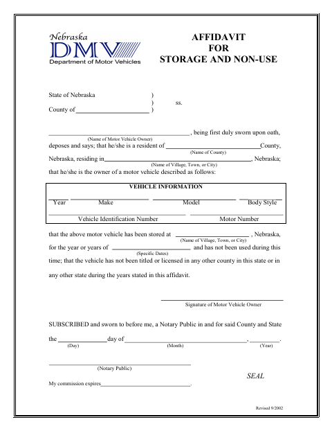 Affidavit for Storage and Non-Use, Cuming County form, first page
