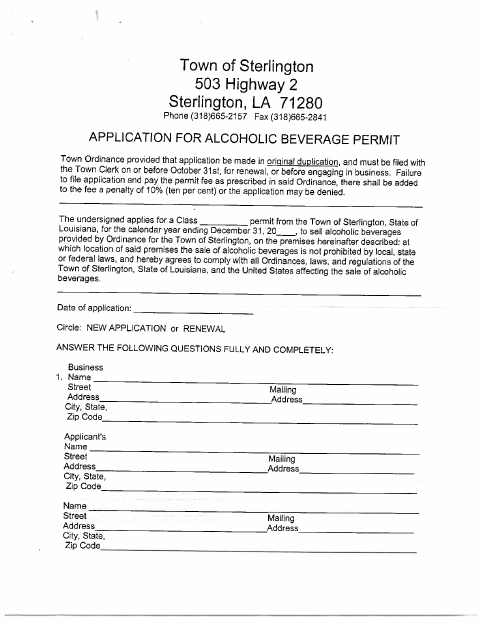 First page of the Alcoholic Beverage Permit Application