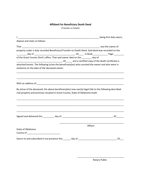 Affidavit of Beneficiary for Transfer on Death Deed, Grant County form, first page