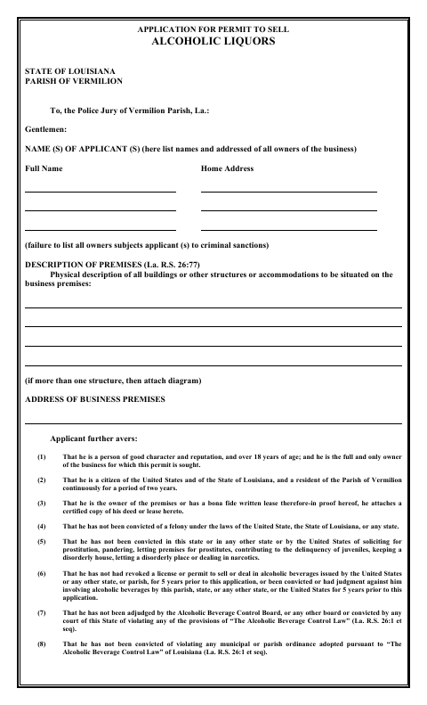 Application for Permit to Sell Alcoholic Liquors, Vermilion Parish form, first page