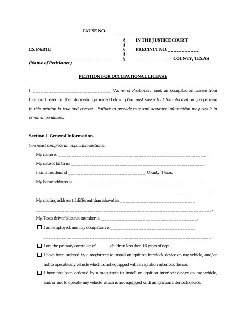 First page of the Petition for Occupational License