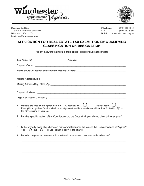 Application for Real Estate Tax Exemption by Qualifying Classification or Designation, City of Winchester form, first page