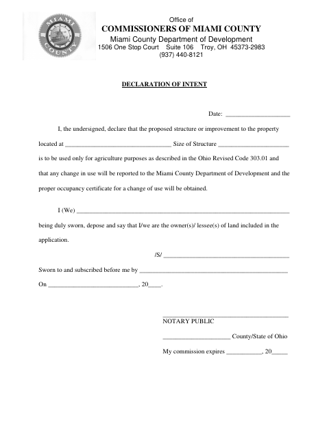Declaration of Intent, Miami County form, first page