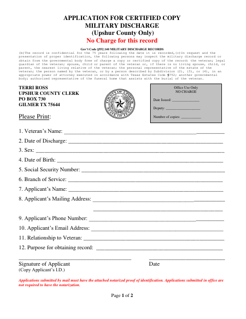 Application for Certified Copy of Military Discharge, Upshur County form, first page