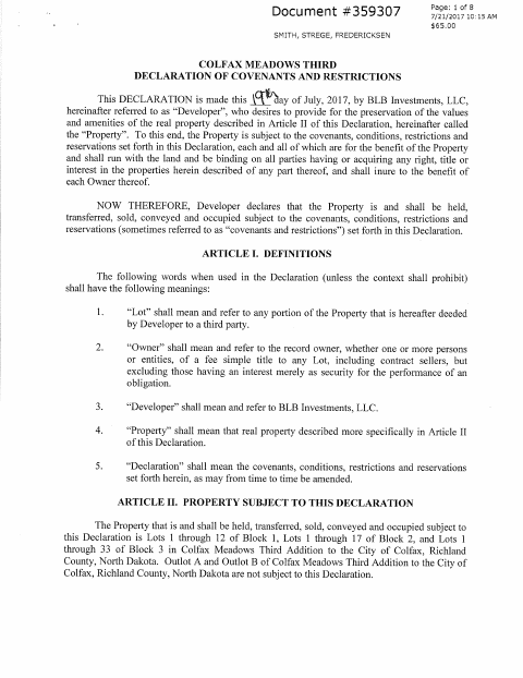 First page of the Colfax Meadows Third Declaration of Covenants and Restrictions