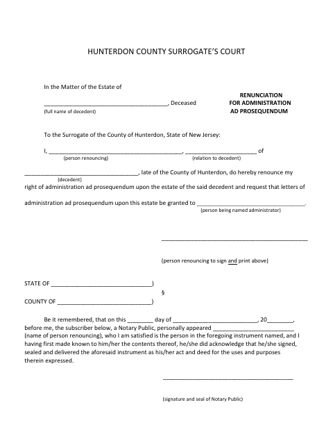 Renunciation For Administration Ad Prosequendum, Hunterdon County form, first page