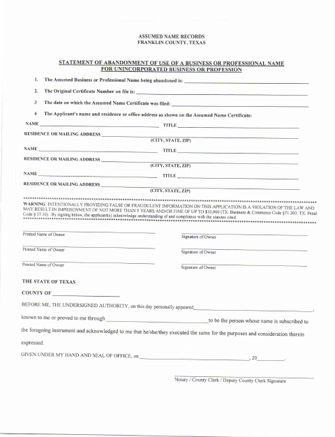 Statement of Abandonment of Assumed Name, Franklin County form, first page