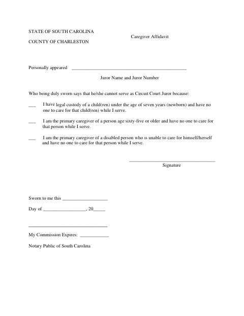 Caregiver Affidavit, Charleston County form, first page