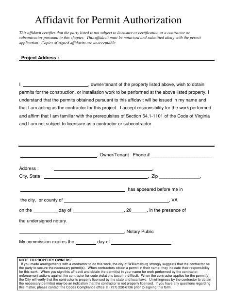 Affidavit for Permit Authorization, City of Williamsburg form, first page