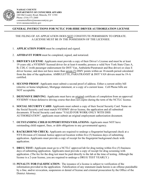 For-Hire Vehicle Driver Authorization Application, Nassau County form, first page