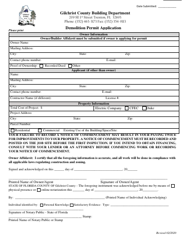 Demolition Permit Application — Gilchrist County form, first page