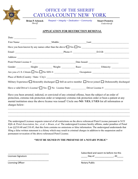Application for Restriction Removal, Cayuga County form, first page