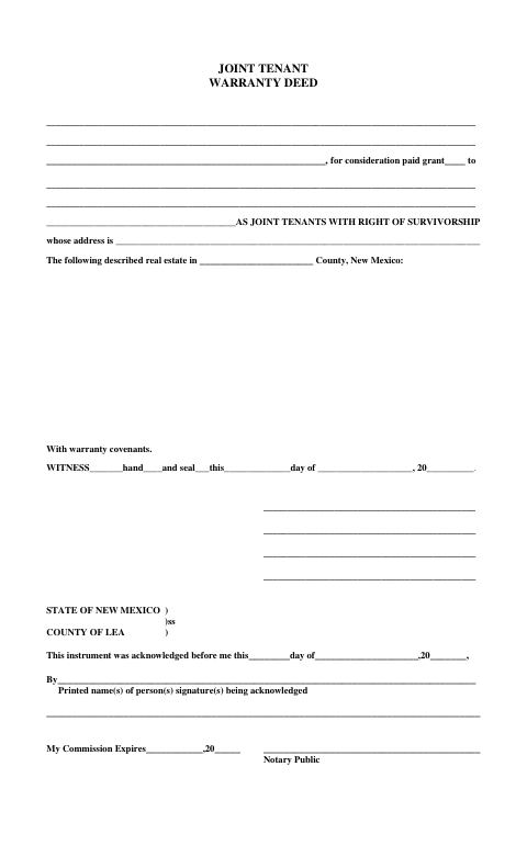 Joint Tenant Warranty Deed, Lea County form, first page