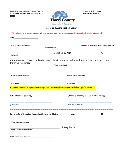 Notarized Authorization Letter, Horry County form, first page