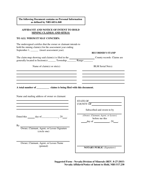 Affidavit and Notice of Intent to Hold Mining Claims and Sites, Humboldt County form, first page