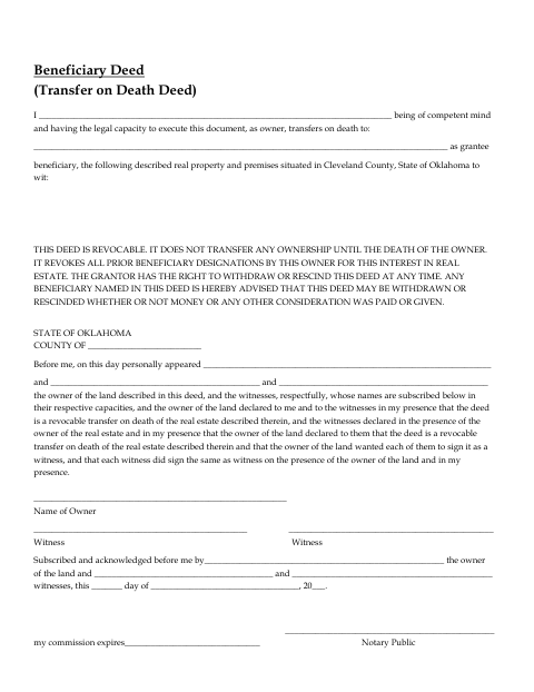 Beneficiary Deed, Cleveland County form, first page