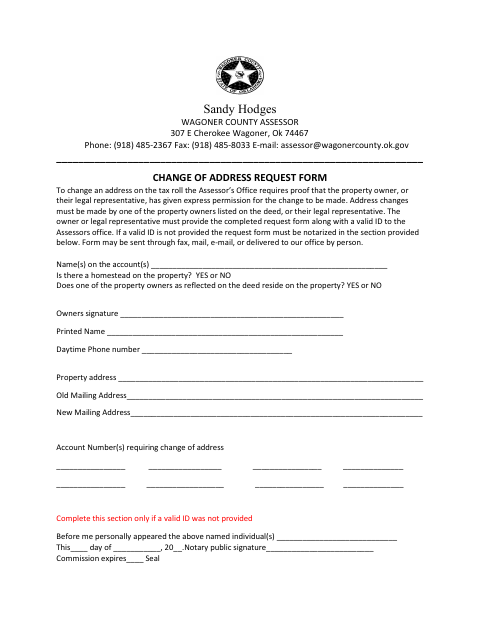 Change of Address Request Form, Wagoner County form, first page