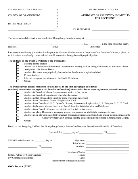 Affidavit of Residency for Decedent, Orangeburg County form, first page