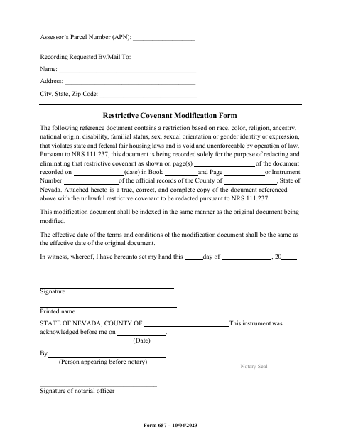 Restrictive Covenant Modification Form, Washoe County form, first page