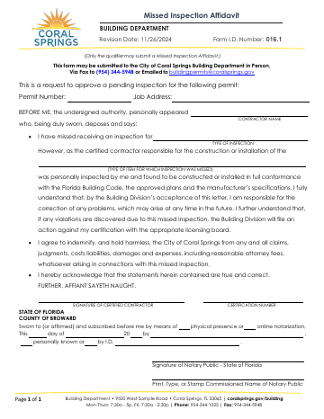 First page of the Missed Inspection Affidavit