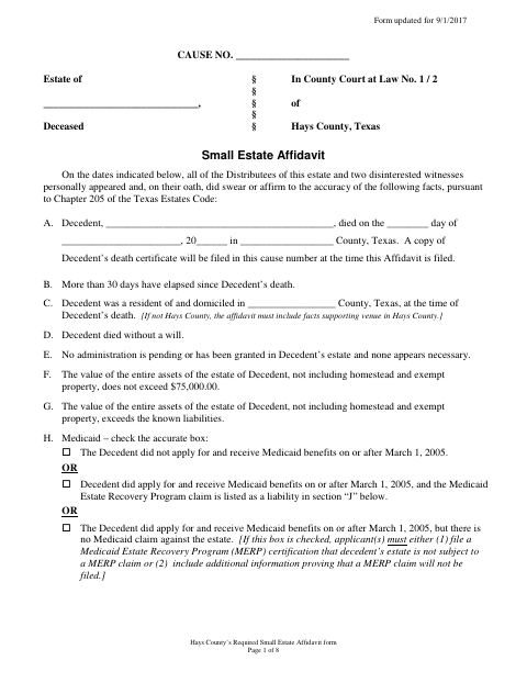 Small Estate Affidavit, Hays County form, first page