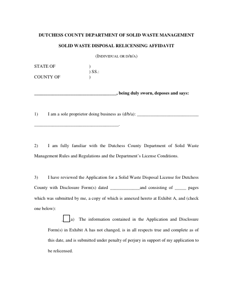 Solid Waste Disposal Relicensing Affidavit (Individual or DBA), Dutchess County form, first page