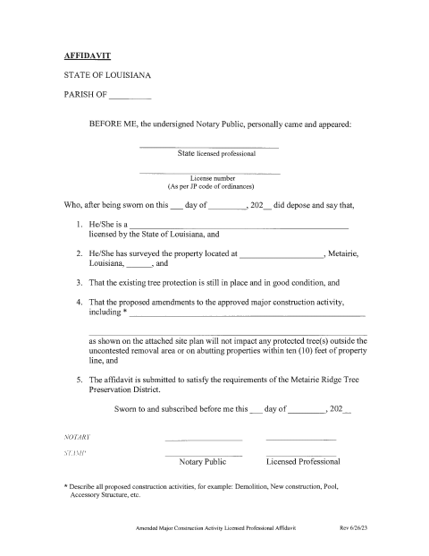 Amended Major Construction Activity Licensed Professional Affidavit, Jefferson Parish form, first page