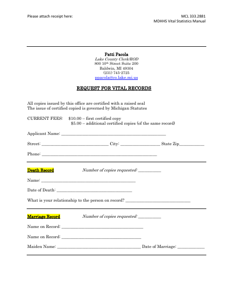 Request for Vital Records, Lake County form, first page