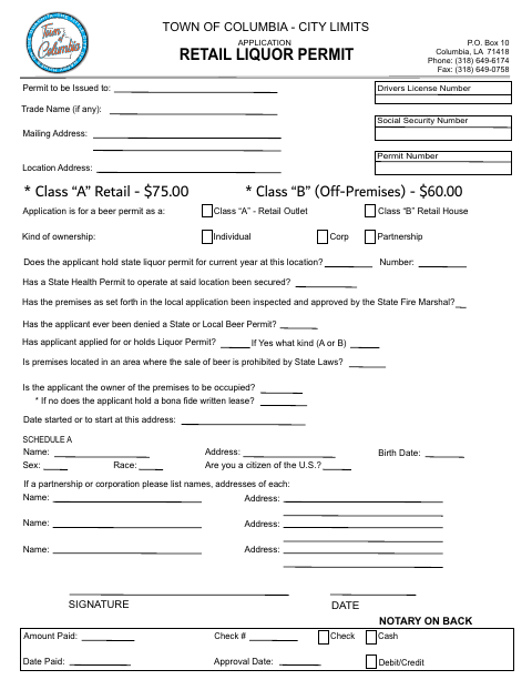 First page of the Retail Liquor Permit Application