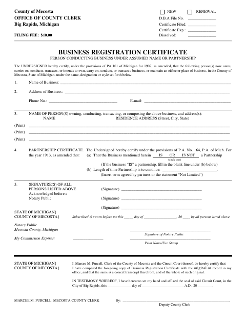 Business Registration Certificate, Mecosta County form, first page